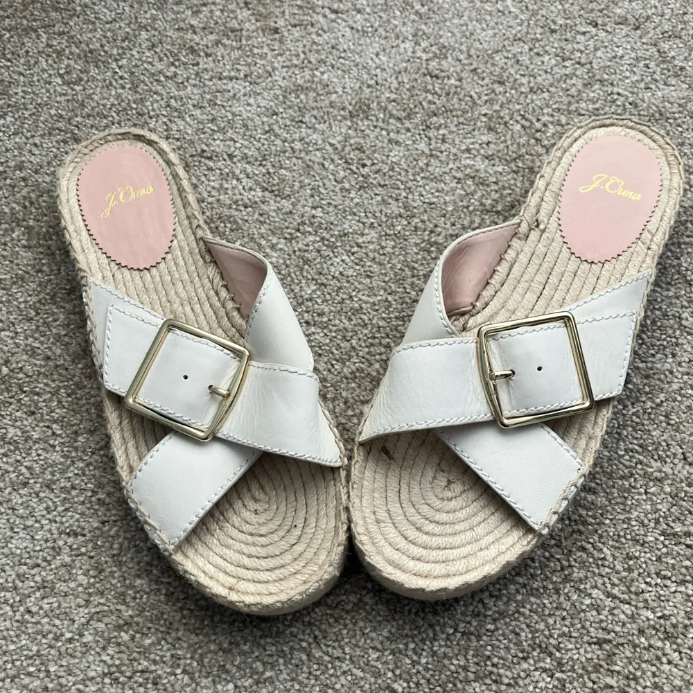 J. Crew Leather Cream‎ Espadrille Slides with Gold Buckle Size 10